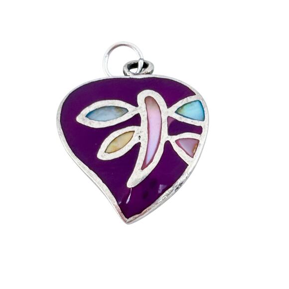 Vintage Sterling Silver 925 Dyed Mother Of Pearl Purple Enamel Heart Pendant - Picture 2 of 8